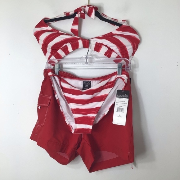 NWT Catalina 3-piece swim set;bikini shorts 8 medium red white stripe - Picture 7 of 7